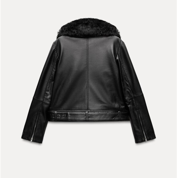 ZARA Women $349 100% Leather Jacket Black Removable faux fur collar XS NWT - Picture 6 of 13